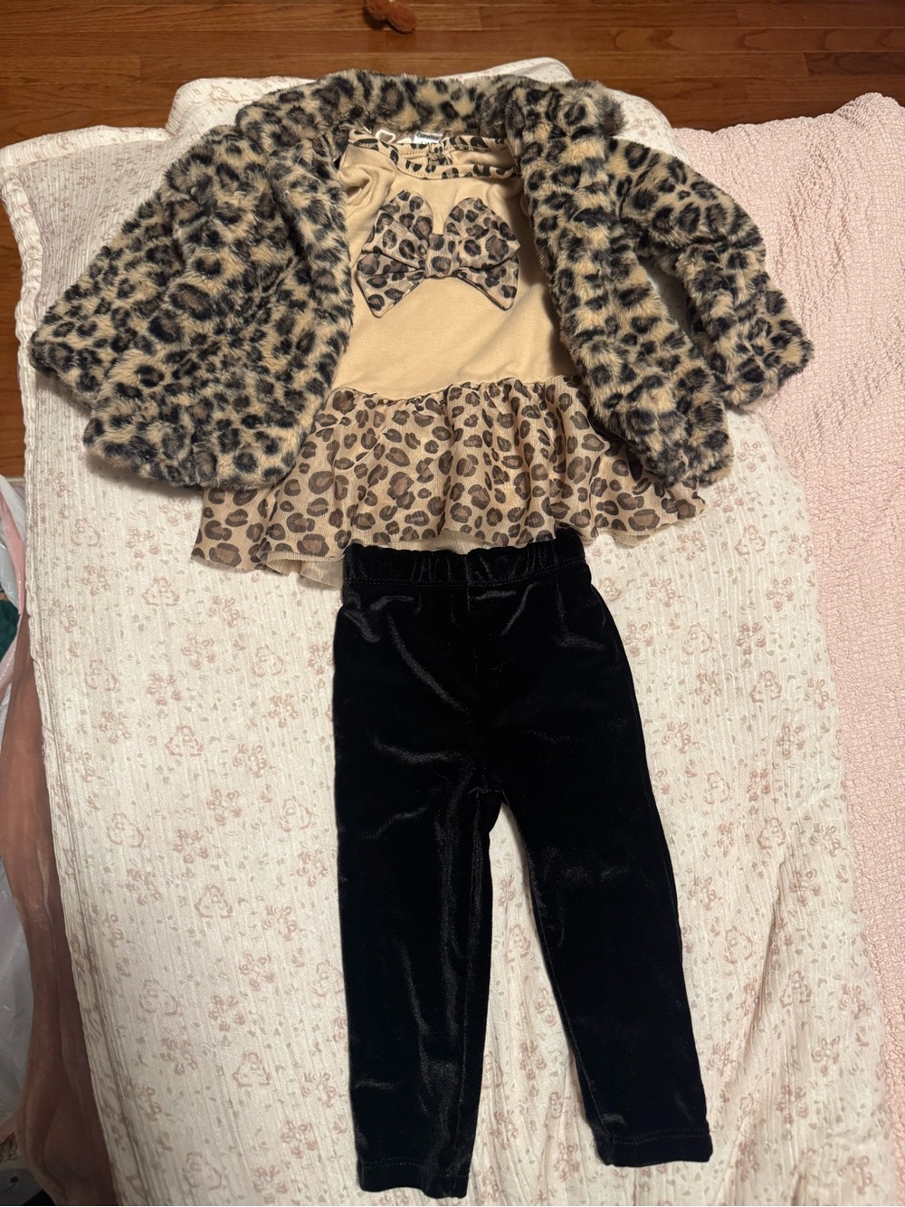 Leopard Faux Fur Jacket & Top Set with Black Velvet Leggings